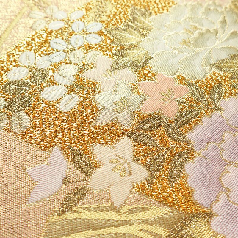 袋帯 プラチナ箔 六通柄 美品 フォーマル用 正絹 花柄 箔 金通し 金糸 帯 入学式 卒業式 結婚式 ピンク_画像3