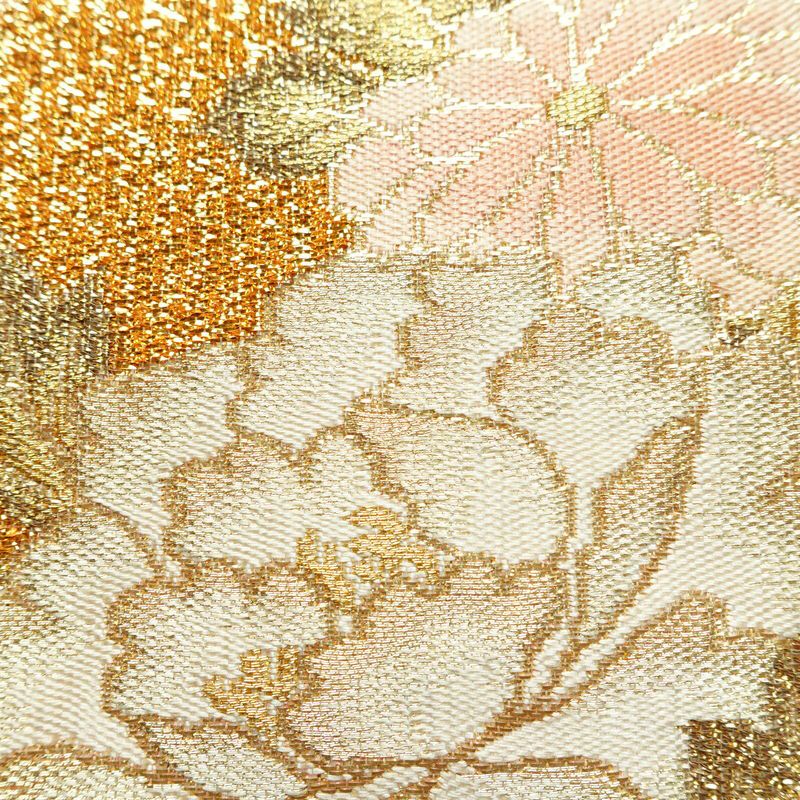 袋帯 プラチナ箔 六通柄 美品 フォーマル用 正絹 花柄 箔 金通し 金糸 帯 入学式 卒業式 結婚式 ピンク_画像6