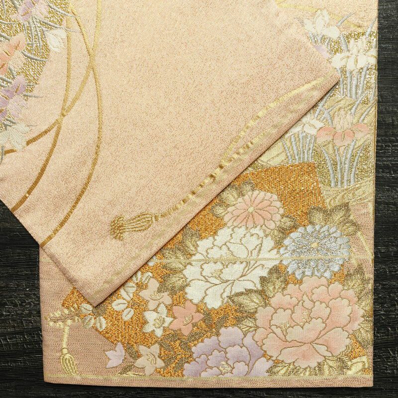 袋帯 プラチナ箔 六通柄 美品 フォーマル用 正絹 花柄 箔 金通し 金糸 帯 入学式 卒業式 結婚式 ピンク_画像14
