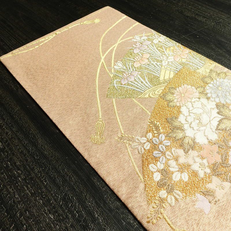 袋帯 プラチナ箔 六通柄 美品 フォーマル用 正絹 花柄 箔 金通し 金糸 帯 入学式 卒業式 結婚式 ピンク_画像18