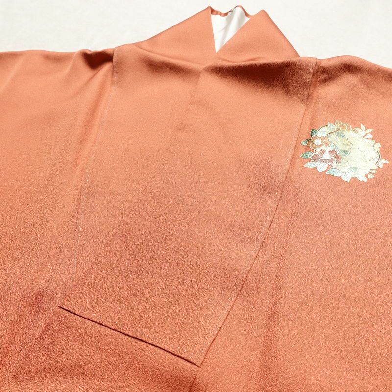 付け下げ 金駒刺繍 正絹 花柄 袷仕立て 身丈165cm 裄丈69cm 箔 刺繍 金彩 フォーマル 着物 入学式 卒業式 結婚式 くすみ朱色 赤・朱_画像15