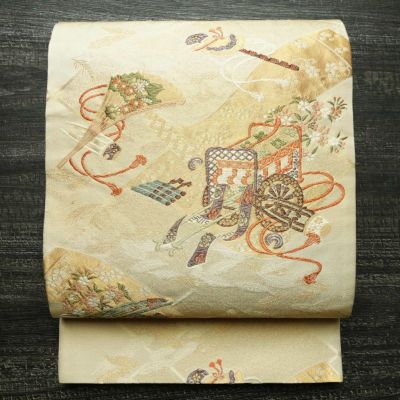 袋帯 銘明錦 六通柄 フォーマル用 正絹 古典柄 箔 金通し 帯 入学式 御所車 扇子 卒業式 結婚式 ベージュ