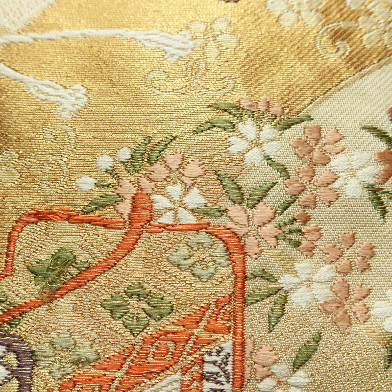 袋帯 銘明錦 六通柄 フォーマル用 正絹 古典柄 箔 金通し 帯 入学式 御所車 扇子 卒業式 結婚式 ベージュ_画像5