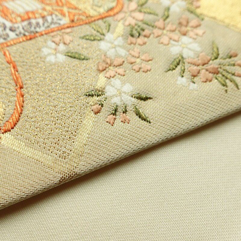 袋帯 銘明錦 六通柄 フォーマル用 正絹 古典柄 箔 金通し 帯 入学式 御所車 扇子 卒業式 結婚式 ベージュ_画像12