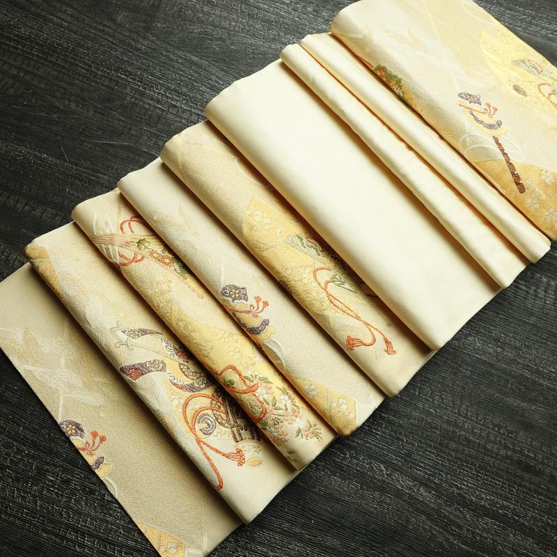 袋帯 銘明錦 六通柄 フォーマル用 正絹 古典柄 箔 金通し 帯 入学式 御所車 扇子 卒業式 結婚式 ベージュ_画像19