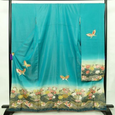 振袖 長襦袢セット 良品 金駒刺繍 正絹 古典柄 蝶 金彩 袷仕立て