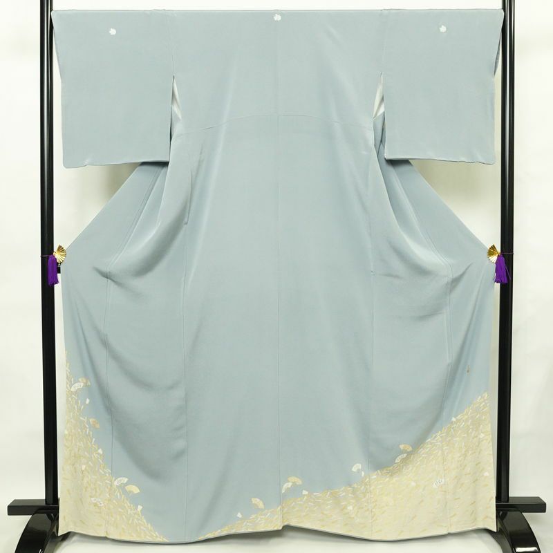 色留袖 三つ紋付き 松尾光琳 落款入り 縮緬 正絹 古典柄 袷仕立て 身丈165.5cm 裄丈67.5cm 箔 フォーマル 着物 結婚式 青・紺_画像1