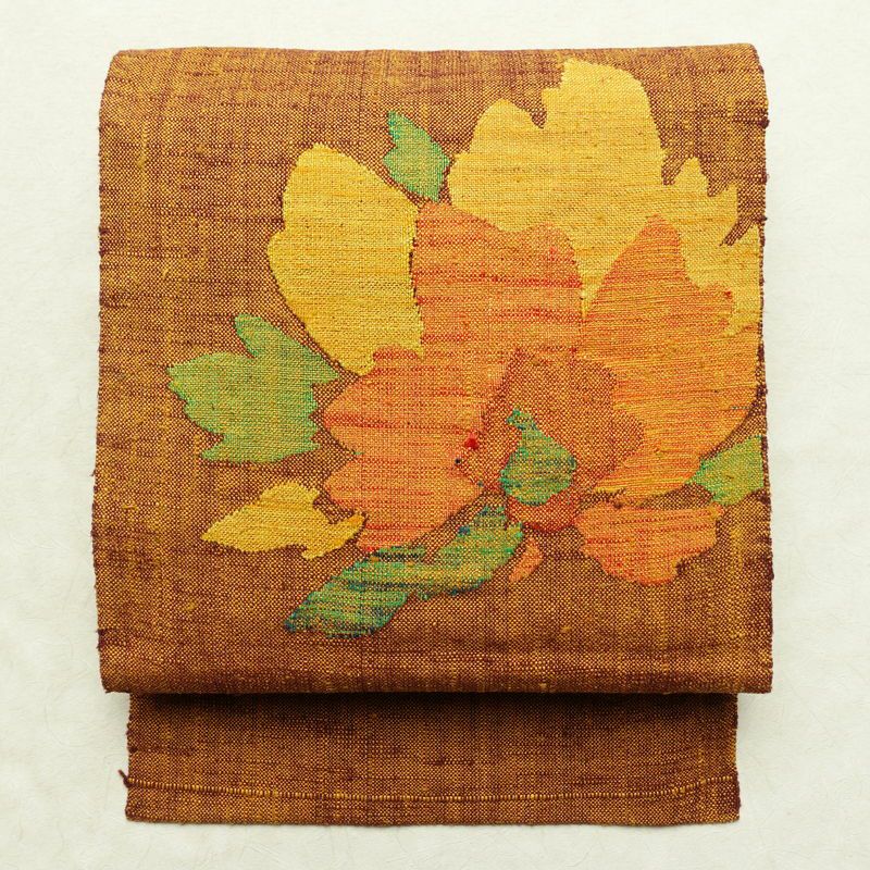 名古屋帯 太鼓柄 良品 正絹 花柄 松葉仕立て 帯 紬地 黄・黄土色_画像1