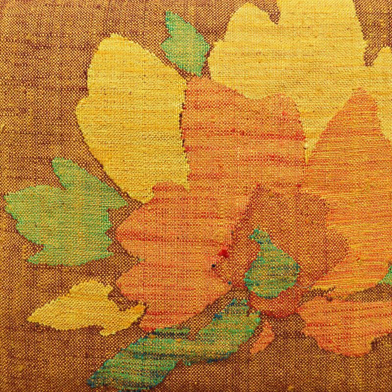 名古屋帯 太鼓柄 良品 正絹 花柄 松葉仕立て 帯 紬地 黄・黄土色_画像2