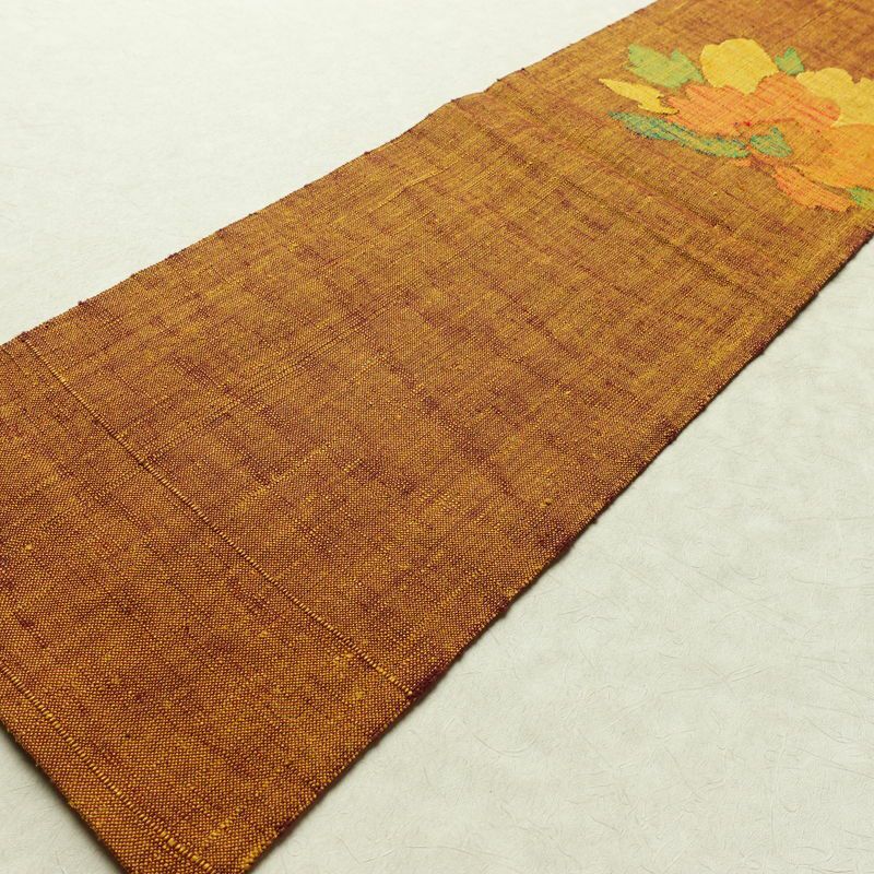 名古屋帯 太鼓柄 良品 正絹 花柄 松葉仕立て 帯 紬地 黄・黄土色_画像9