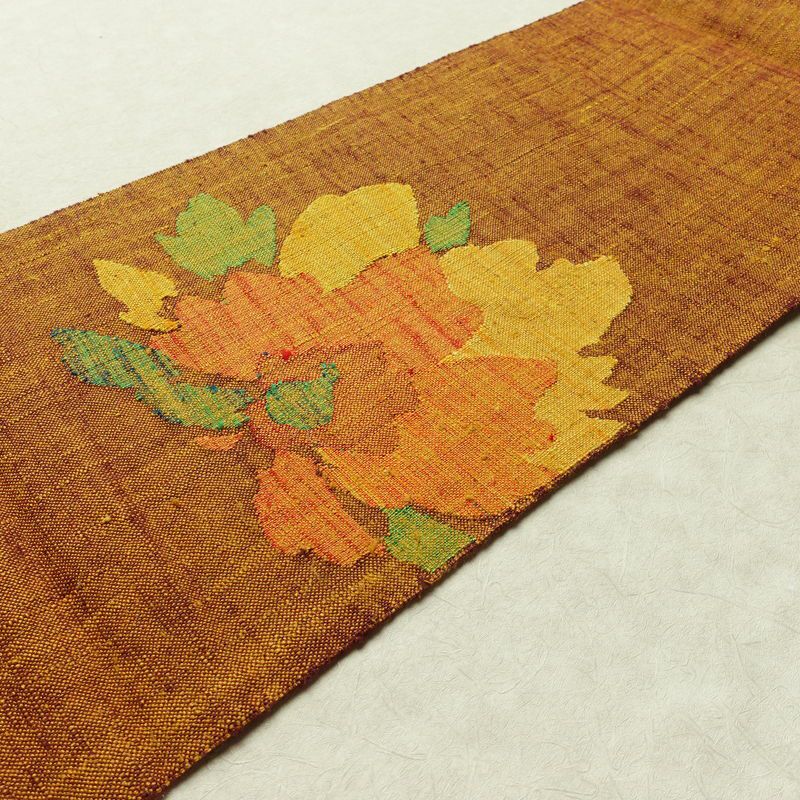 名古屋帯 太鼓柄 良品 正絹 花柄 松葉仕立て 帯 紬地 黄・黄土色_画像12