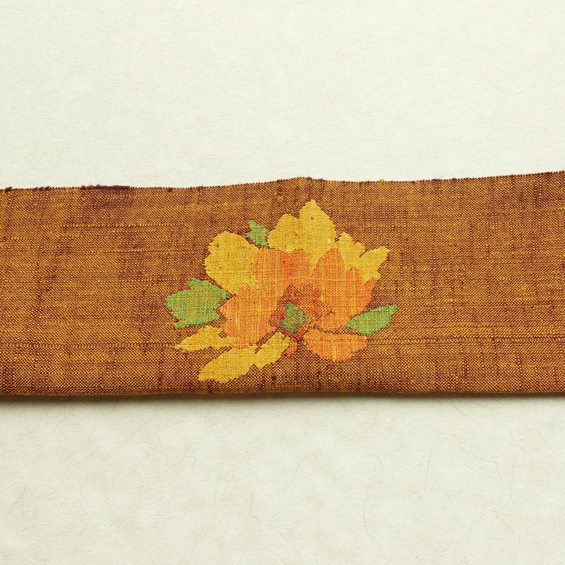 名古屋帯 太鼓柄 良品 正絹 花柄 松葉仕立て 帯 紬地 黄・黄土色_画像14