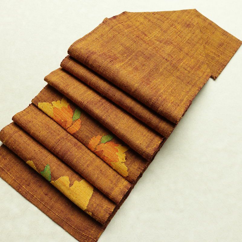 名古屋帯 太鼓柄 良品 正絹 花柄 松葉仕立て 帯 紬地 黄・黄土色_画像18