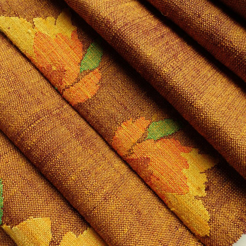 名古屋帯 太鼓柄 良品 正絹 花柄 松葉仕立て 帯 紬地 黄・黄土色_画像19