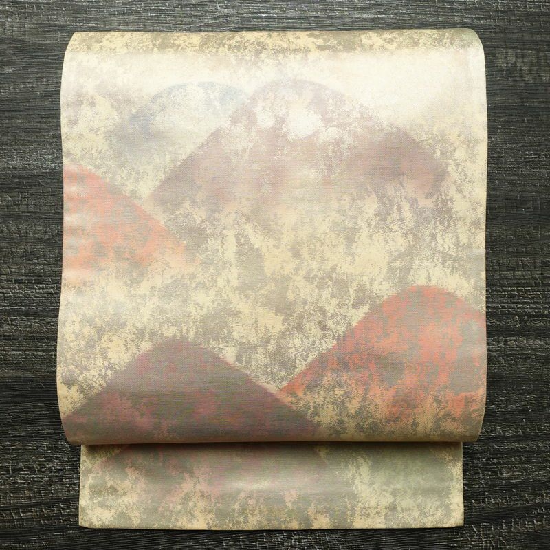 名古屋帯 太鼓柄 正絹 風景柄 名古屋仕立て 箔 帯 クリーム_画像1