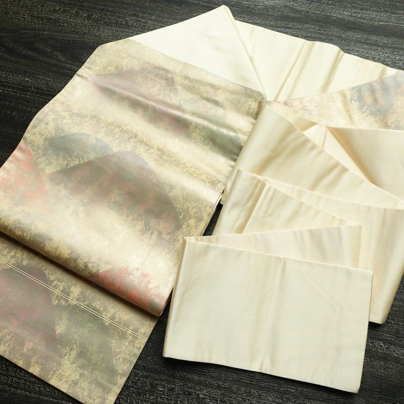 名古屋帯 太鼓柄 正絹 風景柄 名古屋仕立て 箔 帯 クリーム_画像19