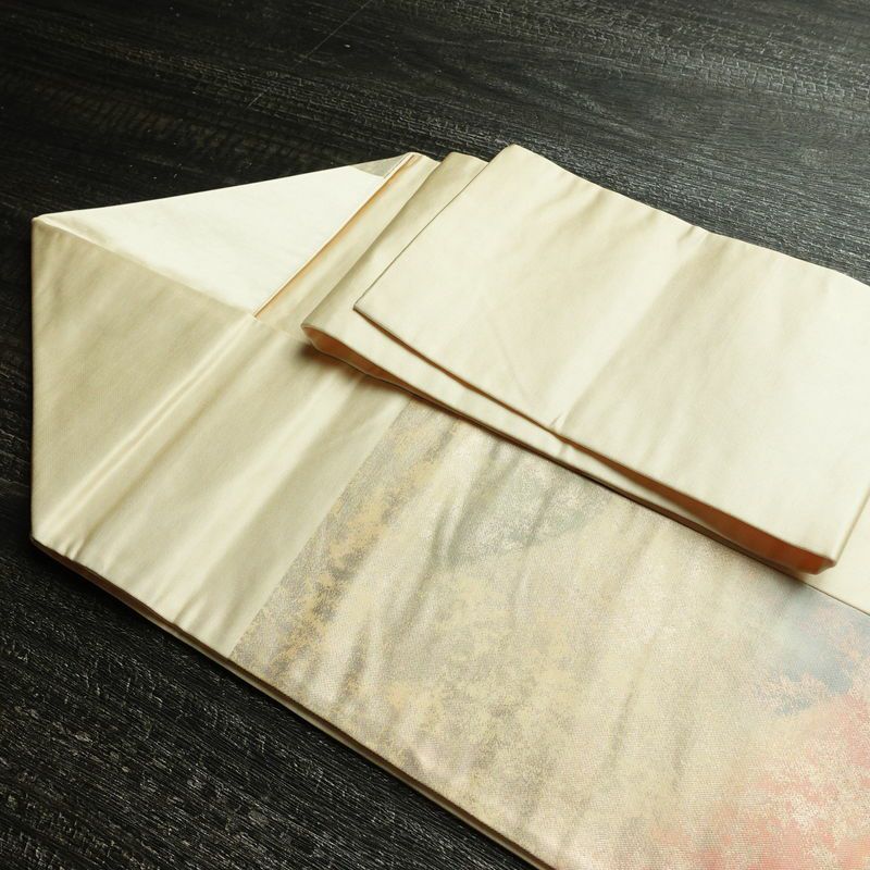 名古屋帯 太鼓柄 正絹 風景柄 名古屋仕立て 箔 帯 クリーム_画像21