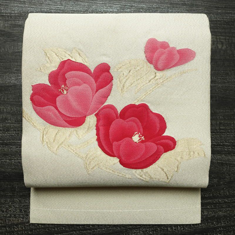 名古屋帯 太鼓柄 正絹 花柄 名古屋仕立て 金通し 金糸 帯 クリーム_画像1