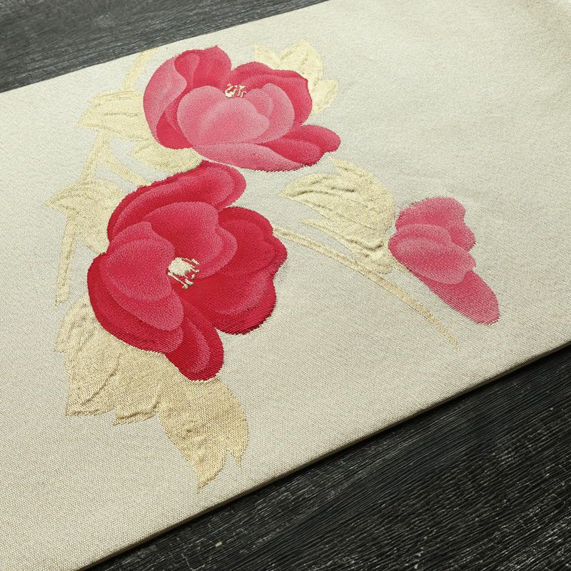 名古屋帯 太鼓柄 正絹 花柄 名古屋仕立て 金通し 金糸 帯 クリーム_画像10