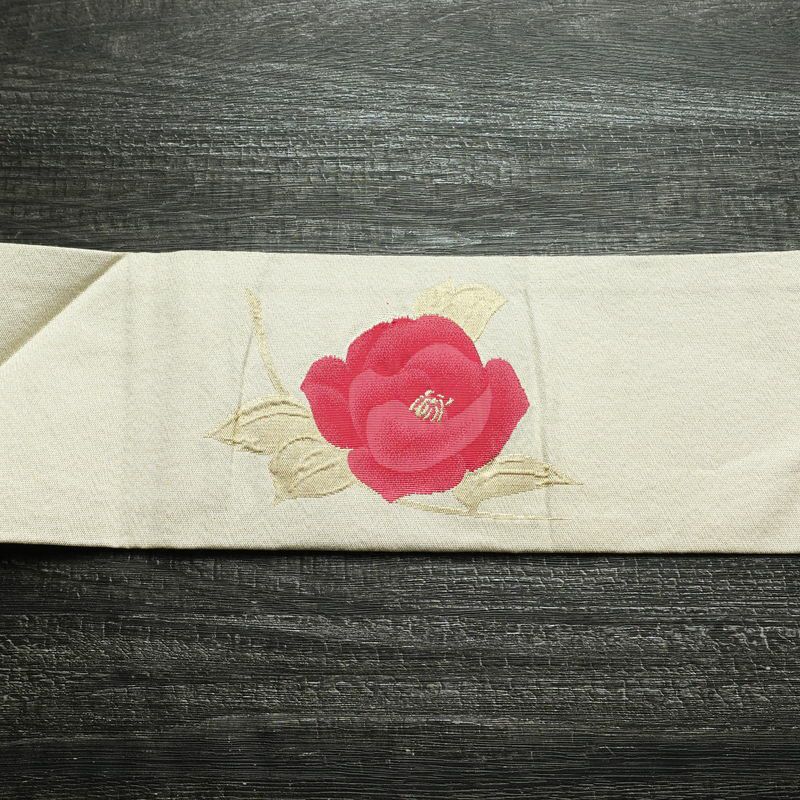 名古屋帯 太鼓柄 正絹 花柄 名古屋仕立て 金通し 金糸 帯 クリーム_画像12