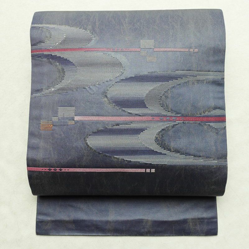 名古屋帯 太鼓柄 正絹 幾何学柄・抽象柄 名古屋仕立て 箔 帯 青・紺_画像1