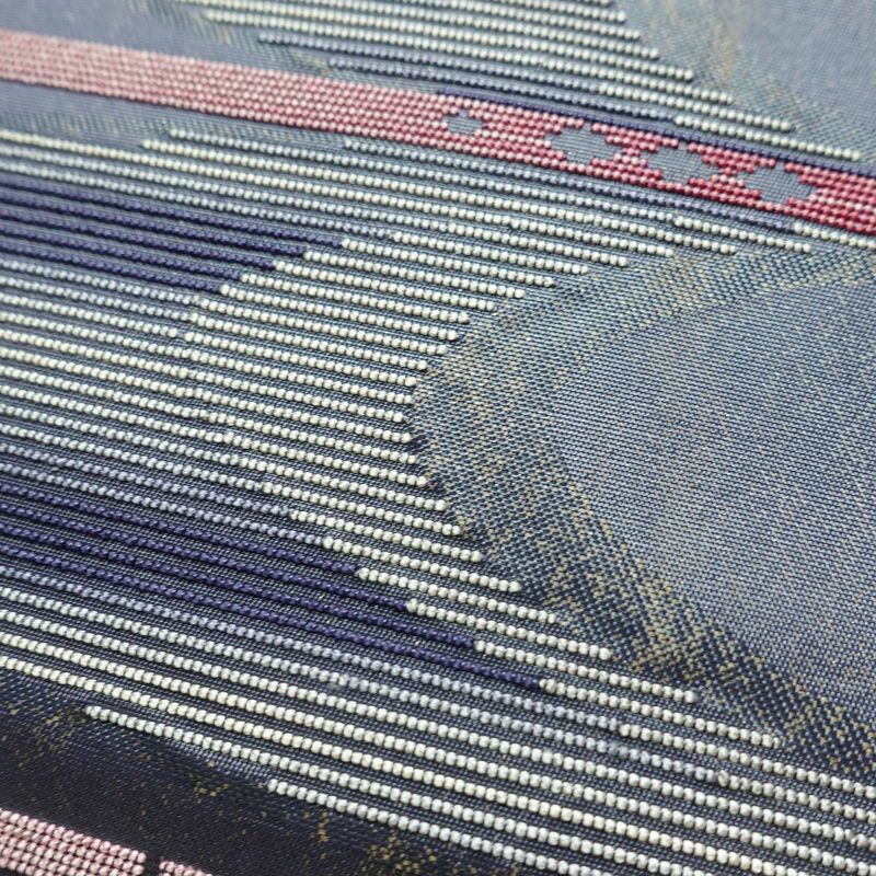 名古屋帯 太鼓柄 正絹 幾何学柄・抽象柄 名古屋仕立て 箔 帯 青・紺_画像3