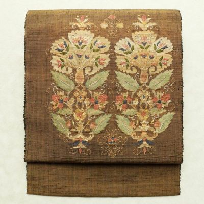 名古屋帯 太鼓柄 良品 正絹 木の葉・植物柄 通し仕立て 箔 金糸 帯 黄・黄土色