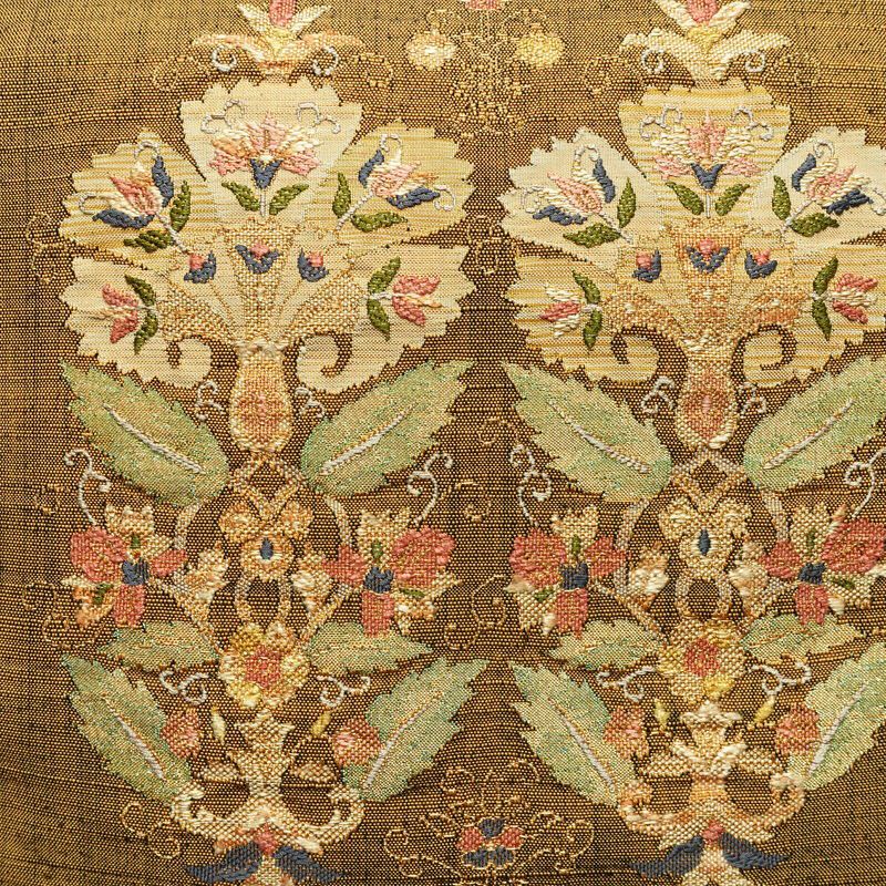 名古屋帯 太鼓柄 良品 正絹 木の葉・植物柄 通し仕立て 箔 金糸 帯 黄・黄土色_画像2