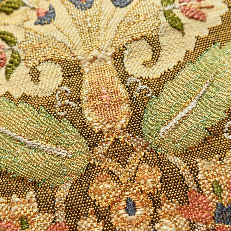 名古屋帯 太鼓柄 良品 正絹 木の葉・植物柄 通し仕立て 箔 金糸 帯 黄・黄土色_画像4