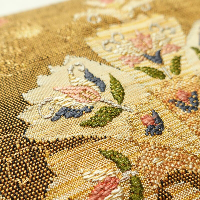 名古屋帯 太鼓柄 良品 正絹 木の葉・植物柄 通し仕立て 箔 金糸 帯 黄・黄土色_画像7