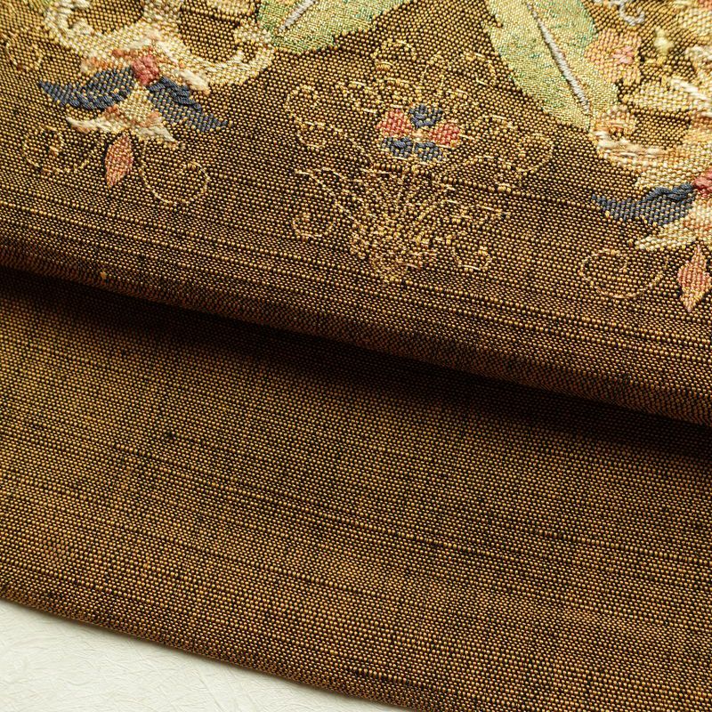 名古屋帯 太鼓柄 良品 正絹 木の葉・植物柄 通し仕立て 箔 金糸 帯 黄・黄土色_画像8