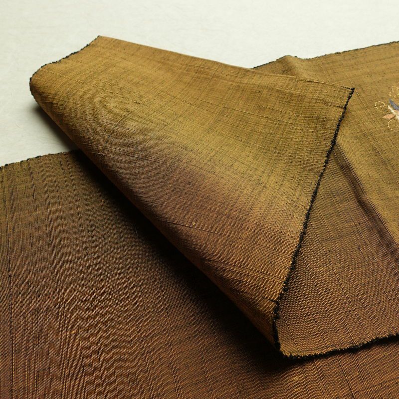 名古屋帯 太鼓柄 良品 正絹 木の葉・植物柄 通し仕立て 箔 金糸 帯 黄・黄土色_画像10