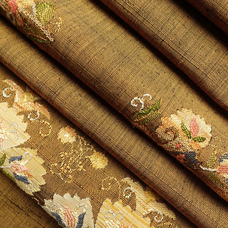 名古屋帯 太鼓柄 良品 正絹 木の葉・植物柄 通し仕立て 箔 金糸 帯 黄・黄土色_画像19