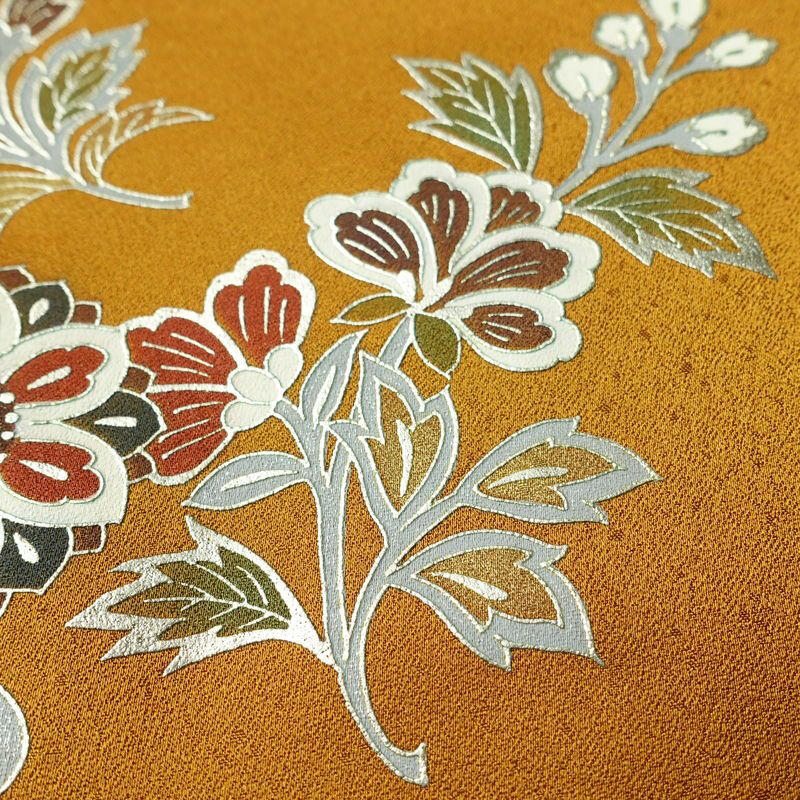 振袖 正絹 木の葉・植物柄 袷仕立て 身丈170.5cm 裄丈69cm 箔 フォーマル 成人式 二十歳 黄・黄土色_画像8