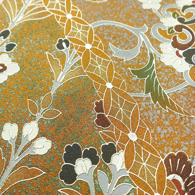 振袖 正絹 木の葉・植物柄 袷仕立て 身丈170.5cm 裄丈69cm 箔 フォーマル 成人式 二十歳 黄・黄土色_画像9