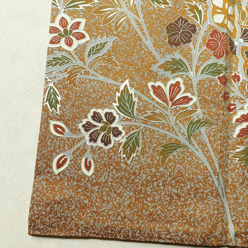 振袖 正絹 木の葉・植物柄 袷仕立て 身丈170.5cm 裄丈69cm 箔 フォーマル 成人式 二十歳 黄・黄土色_画像12