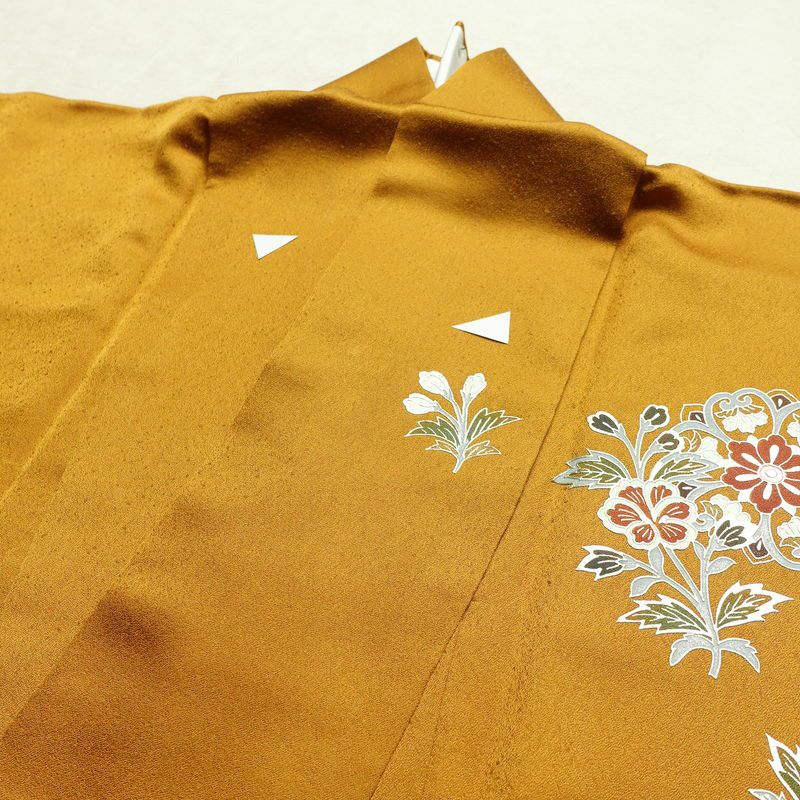 振袖 正絹 木の葉・植物柄 袷仕立て 身丈170.5cm 裄丈69cm 箔 フォーマル 成人式 二十歳 黄・黄土色_画像17