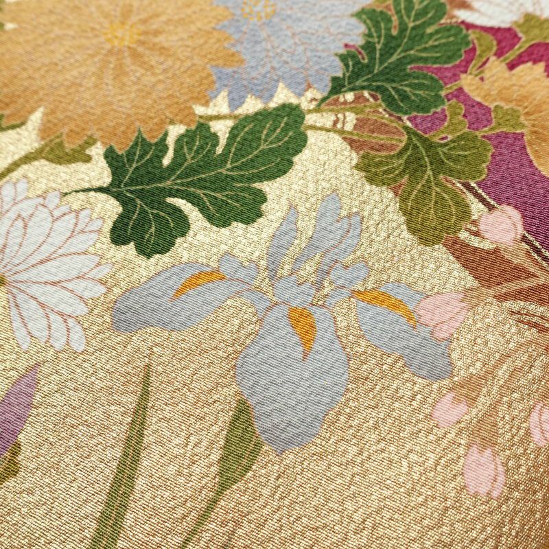 振袖 良品 セット品 長襦袢付き 袋帯付き 縮緬 正絹 花柄 袷仕立て 身丈164.5cm 裄丈70cm 箔 金彩 フォーマル 着物 帯 成人式 二十歳 赤紫 紫・藤色_画像7