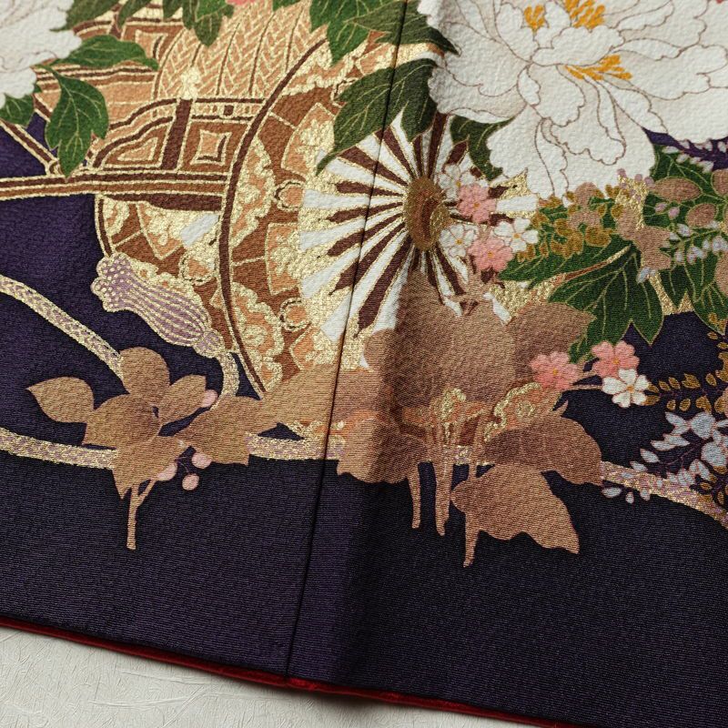 振袖 良品 セット品 長襦袢付き 袋帯付き 縮緬 正絹 花柄 袷仕立て 身丈164.5cm 裄丈70cm 箔 金彩 フォーマル 着物 帯 成人式 二十歳 赤紫 紫・藤色_画像9