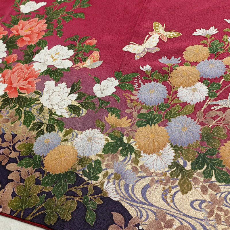 振袖 良品 セット品 長襦袢付き 袋帯付き 縮緬 正絹 花柄 袷仕立て 身丈164.5cm 裄丈70cm 箔 金彩 フォーマル 着物 帯 成人式 二十歳 赤紫 紫・藤色_画像10