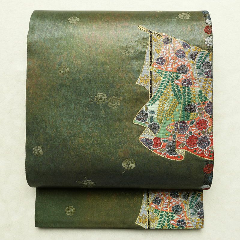 袋帯 六通柄 良品 フォーマル用 正絹 古典柄 箔 金糸 帯 入学式 卒業式 結婚式 緑・うぐいす色_画像1