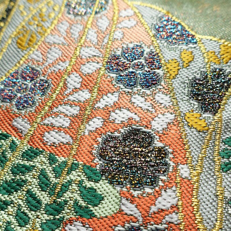 袋帯 六通柄 良品 フォーマル用 正絹 古典柄 箔 金糸 帯 入学式 卒業式 結婚式 緑・うぐいす色_画像5