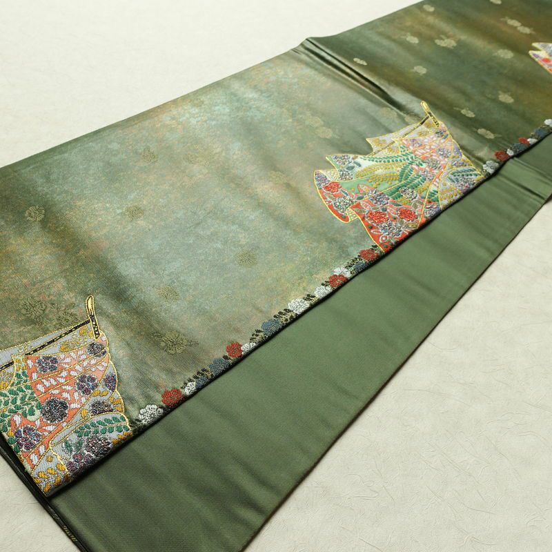 袋帯 六通柄 良品 フォーマル用 正絹 古典柄 箔 金糸 帯 入学式 卒業式 結婚式 緑・うぐいす色_画像9