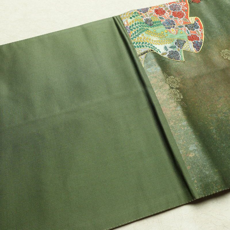 袋帯 六通柄 良品 フォーマル用 正絹 古典柄 箔 金糸 帯 入学式 卒業式 結婚式 緑・うぐいす色_画像16