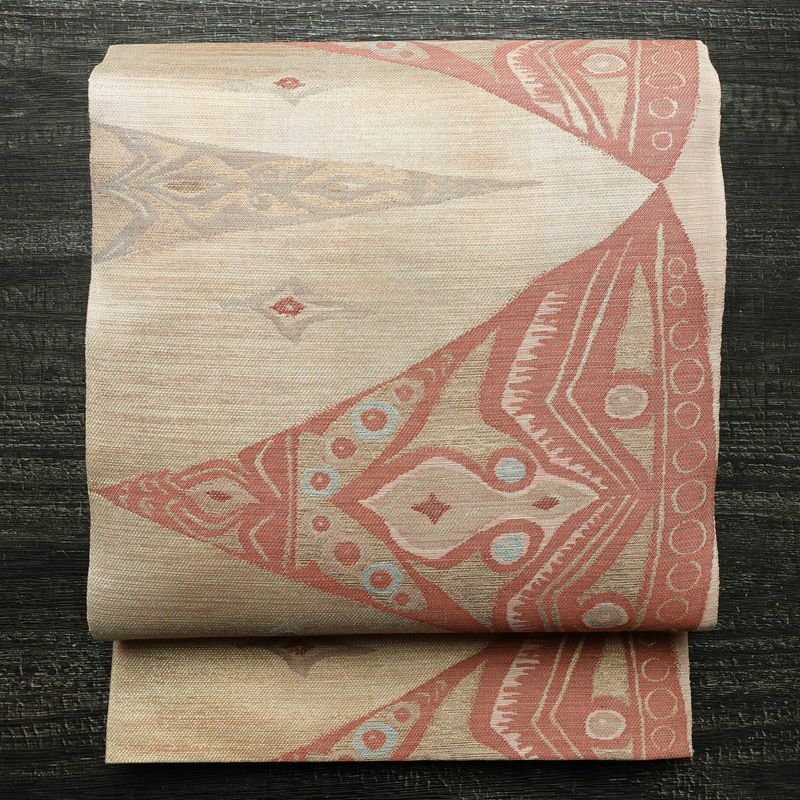 袋帯 六通柄 フォーマル用 正絹 幾何学柄・抽象柄 帯 ベージュ_画像1