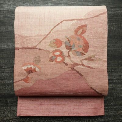 袋帯 太鼓柄 良品 一般用 正絹 花柄 金通し 帯 紬地 ピンク