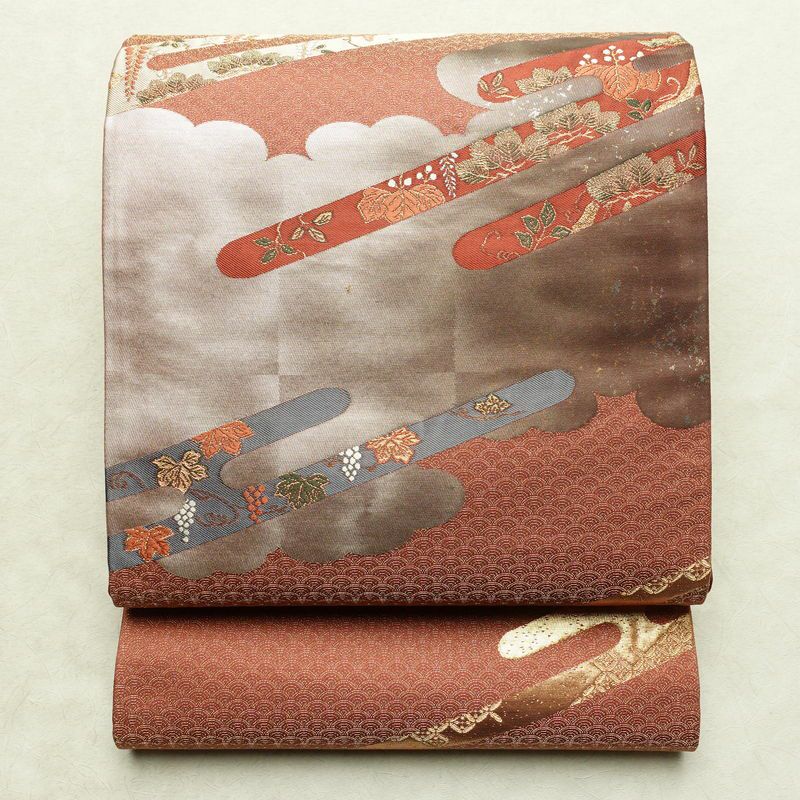 袋帯 未仕立て 六通柄 美品 証紙あり フォーマル用 正絹 古典柄 箔 金通し 金糸 帯 入学式 卒業式 結婚式 未使用品 茶_画像1