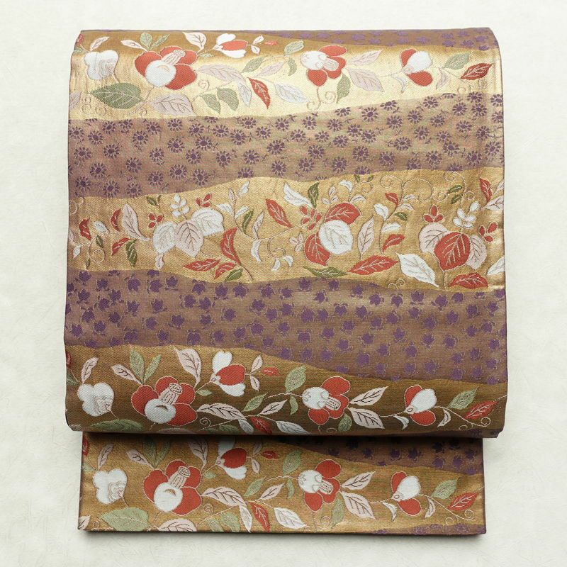 袋帯 六通柄 フォーマル用 正絹 花柄 箔 帯 入学式 卒業式 結婚式 椿 紫・藤色_画像1