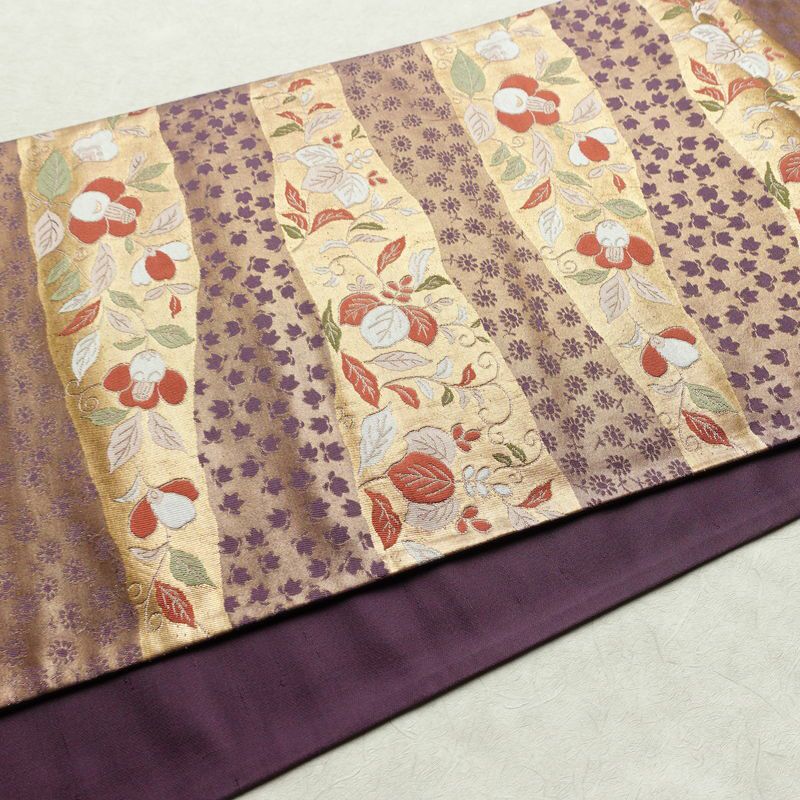 袋帯 六通柄 フォーマル用 正絹 花柄 箔 帯 入学式 卒業式 結婚式 椿 紫・藤色_画像11