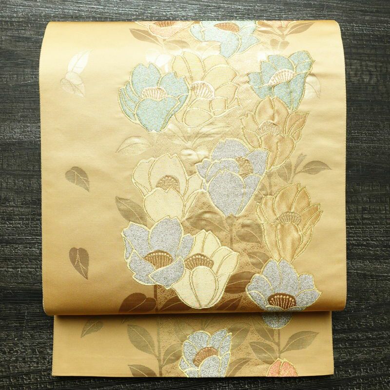 袋帯 六通柄 良品 フォーマル用 正絹 花柄 金糸 帯 入学式 卒業式 ベージュ_画像1